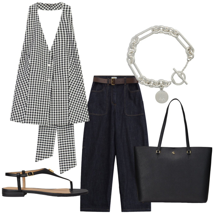 Outfit donna - Total look #2420011. Stile Casual chic per Tutti i giorni. Abbinamento con borse tote, braccialetti, sandali in pelle, pantaloni a palazzo, top.