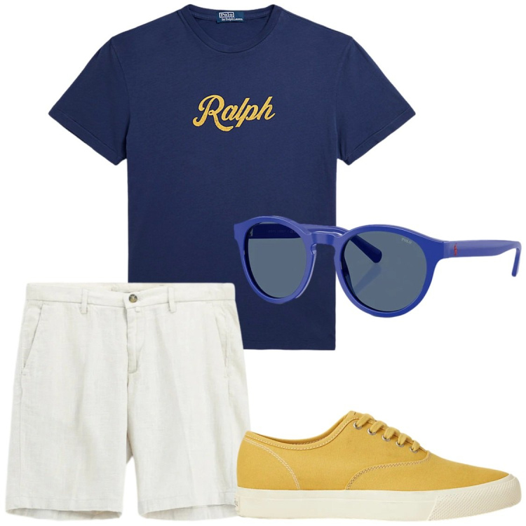 Outfit uomo - Dettagli in giallo. Stile Trendy per Tutti i giorni. Abbinamento con bermuda, t-shirt, sneakers, occhiali da sole.