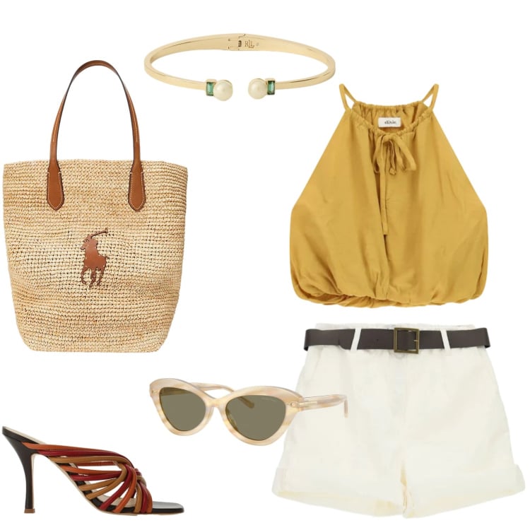 Outfit donna - Giornate estive. Stile Casual chic per Tutti i giorni. Abbinamento con shorts, borse tote, occhiali da sole, braccialetti, sandali, top.