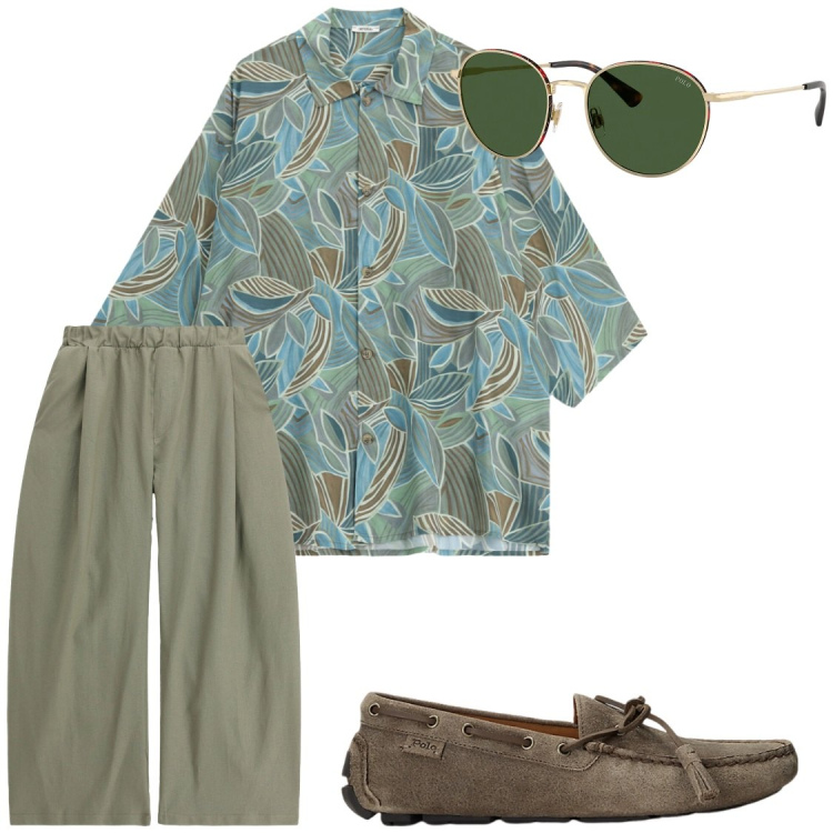 Outfit uomo - Apericena e passeggiata. Stile Trendy per Serata speciale. Abbinamento con camicie a manica corta, pantaloni, scarpe stringate, occhiali da sole.