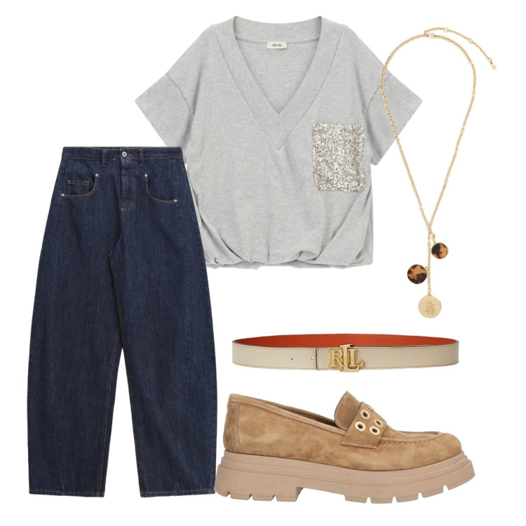 Outfit donna - Week end in città. Stile Urban per Tutti i giorni. Abbinamento con mocassini, cinture, collane, jeans, t-shirt.