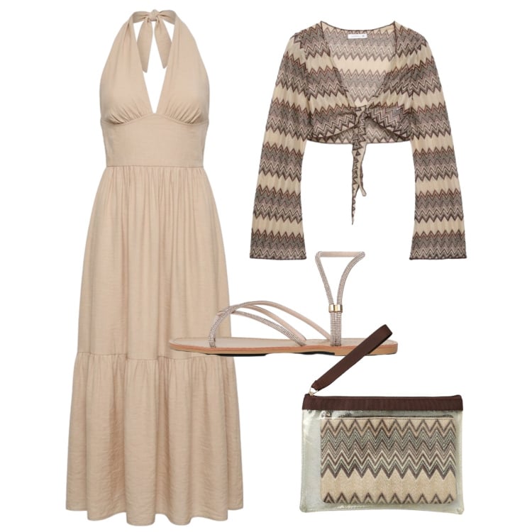 Outfit donna - L’abito lungo halterneck. Stile Trendy per Tutti i giorni. Abbinamento con vestiti lunghi, blazer, pochette, sandali.