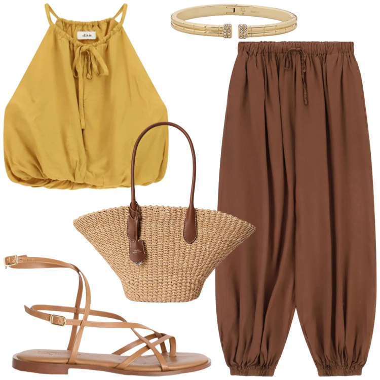 Outfit donna - Estrosa e originale. Stile Etnico per Tutti i giorni. Abbinamento con sandali in pelle, braccialetti, borse tote, top, pantaloni a palazzo.