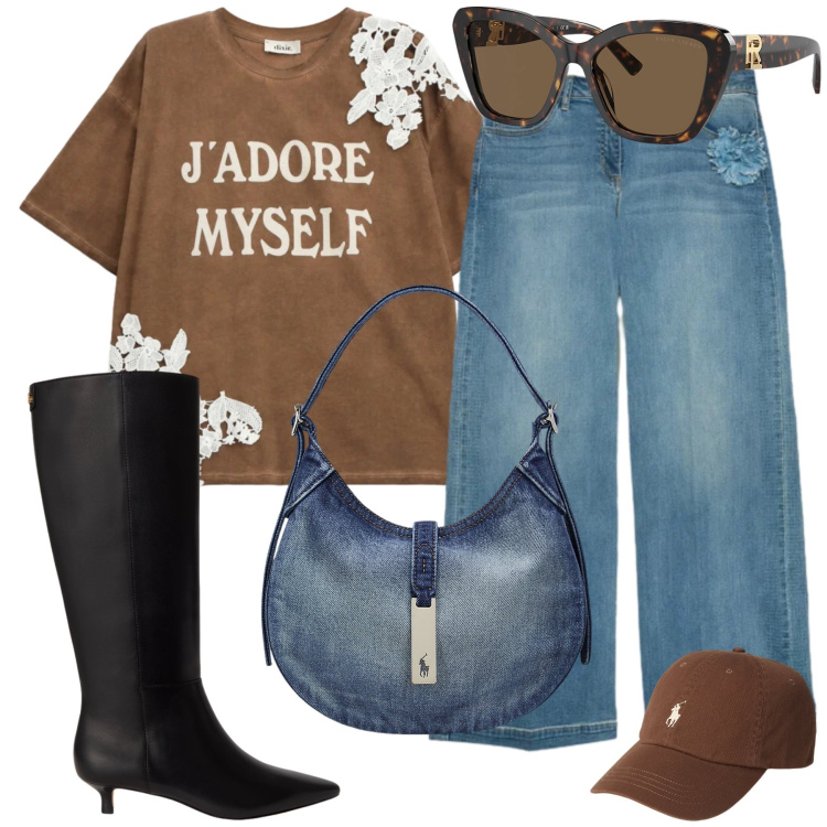 Outfit donna - Giornata per me al negozio di scarpe. Stile 70s per Tutti i giorni. Abbinamento con jeans, t-shirt, cappelli, occhiali da sole, borse a spalla, stivali.