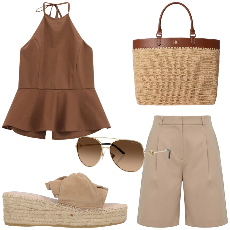 Outfit donna - City. Stile Chic per Tutti i giorni. Abbinamento con espadrillas, bermuda, occhiali da sole, borse tote, top.