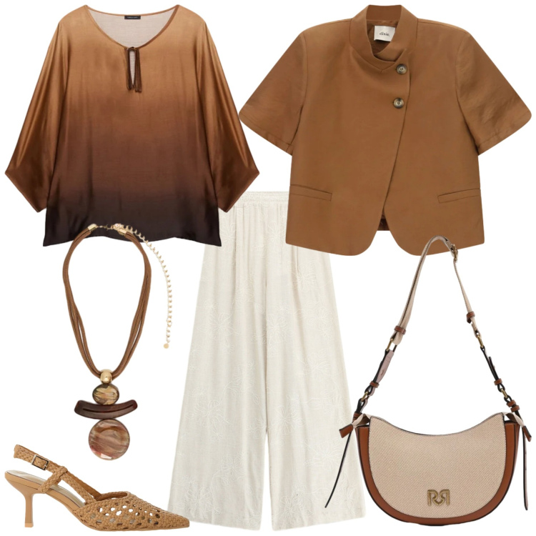 Outfit donna - Medierrean Chic curvy. Stile Chic per Tutti i giorni. Abbinamento con borse a tracolla, décolleté, pantaloni a palazzo, ciondoli, bluse, blazer.