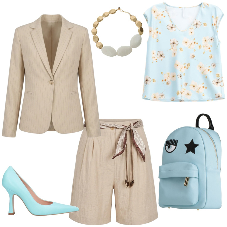 Outfit donna - Glamour in bermuda - @tiffany22. Stile Trendy per Tutti i giorni. Abbinamento con zaini, décolleté, top, collane, bermuda, blazer.