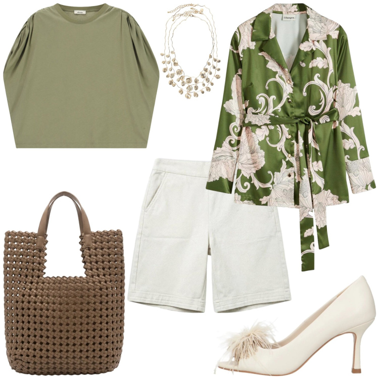 Outfit donna - Glamour in bermuda - @tiffany22. Stile Glamour per Ufficio. Abbinamento con décolleté, bermuda, bluse, top, collane, borse tote.