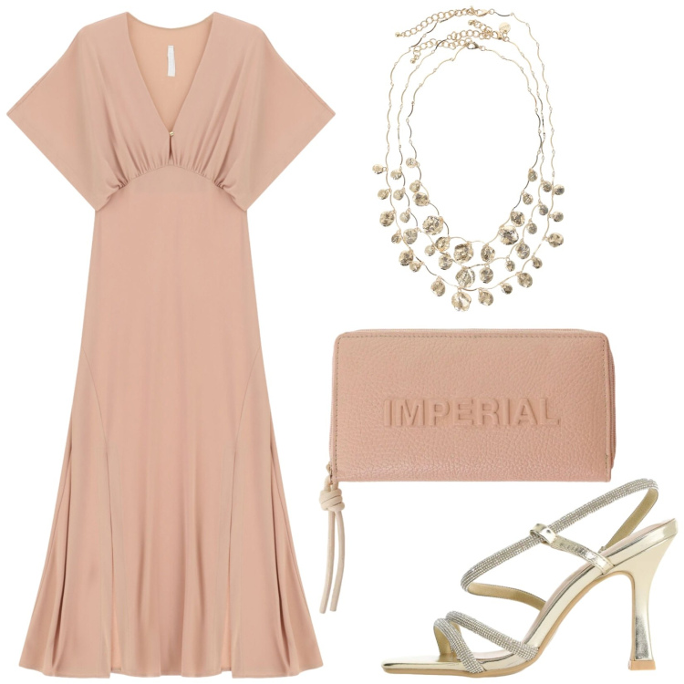 Outfit donna - Eleganza eterea. Stile Chic per Serata fuori. Abbinamento con vestiti lunghi, portafogli, sandali col tacco, collane.