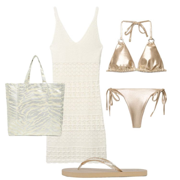 Outfit donna - Luce dorata in spiaggia. Stile Trendy per Mare. Abbinamento con vestiti corti, infradito, bikini, shopping bag, bikini.