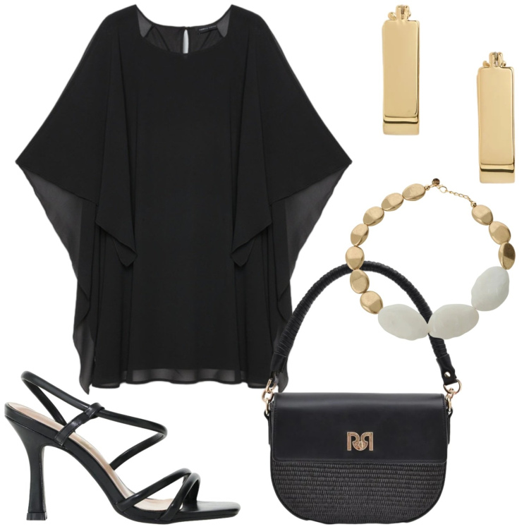 Outfit donna - Semplicemente chic. Stile Chic per Serata fuori. Abbinamento con sandali col tacco, borse a spalla, vestiti corti, orecchini, collane.