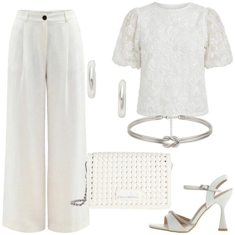 Outfit donna - Total White di giugno. Stile Chic per Cerimonia. Abbinamento con borse a tracolla, sandali gioiello, bluse, pantaloni a palazzo, orecchini, cinture.