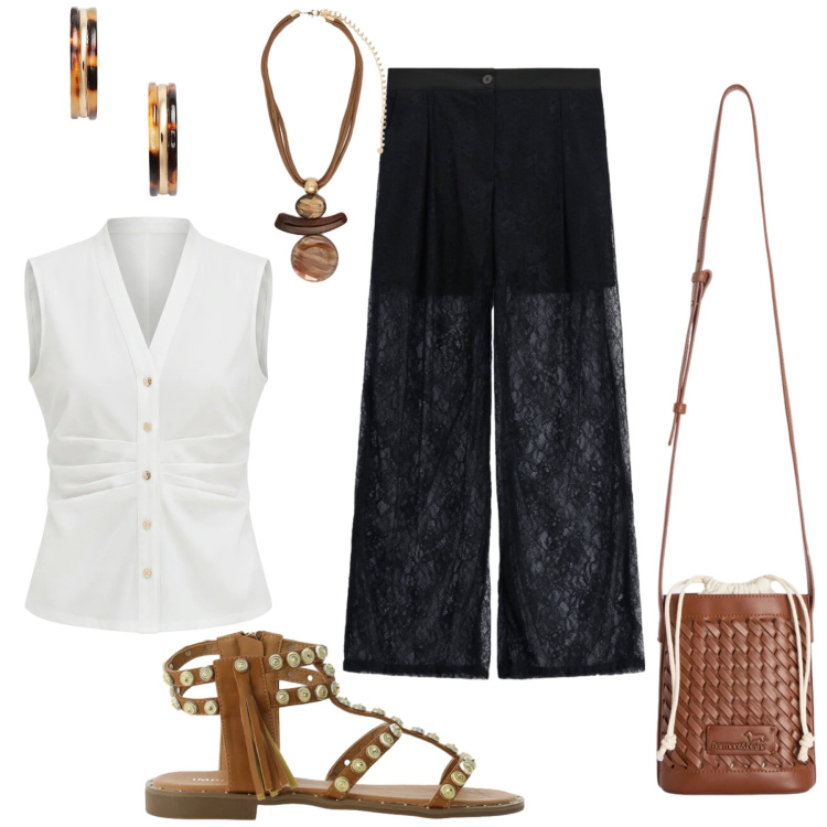Outfit donna - Semplicità, leggerezza e stile. Stile Casual chic per Tutti i giorni. Abbinamento con borse a secchiello, sandali, pantaloni a palazzo, camicie a manica corta, ciondoli, orecchini.