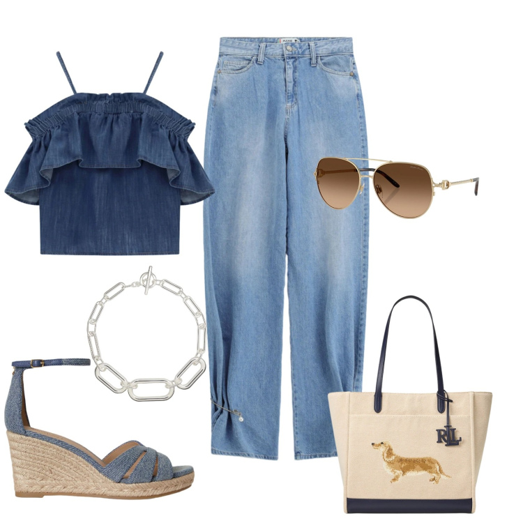 Outfit donna - Total look #2420063. Stile Urban per Tutti i giorni. Abbinamento con jeans, top, occhiali da sole, borse tote, zeppe, collane.