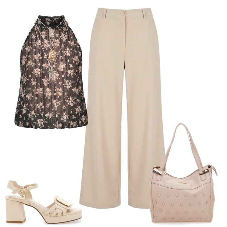 Outfit donna - Total look #2420066. Stile Casual chic per Ufficio. Abbinamento con top, ciondoli, pantaloni, sandali col tacco, shopping bag.