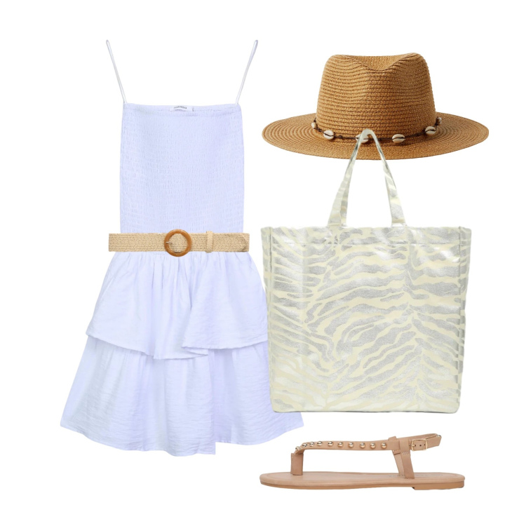 Outfit donna - Giugno. Stile Trendy per Tutti i giorni. Abbinamento con vestiti corti, ciabatte, cinture, cappelli, shopping bag.