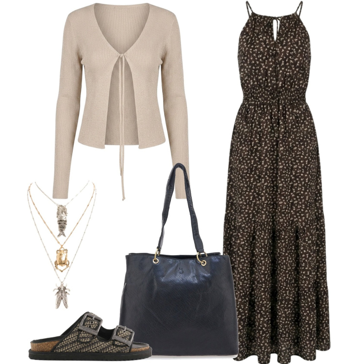 Outfit donna - Il lungo vestito. Stile Casual per Tutti i giorni. Abbinamento con vestiti lunghi, cardigans, ciondoli, shopping bag, sandali.