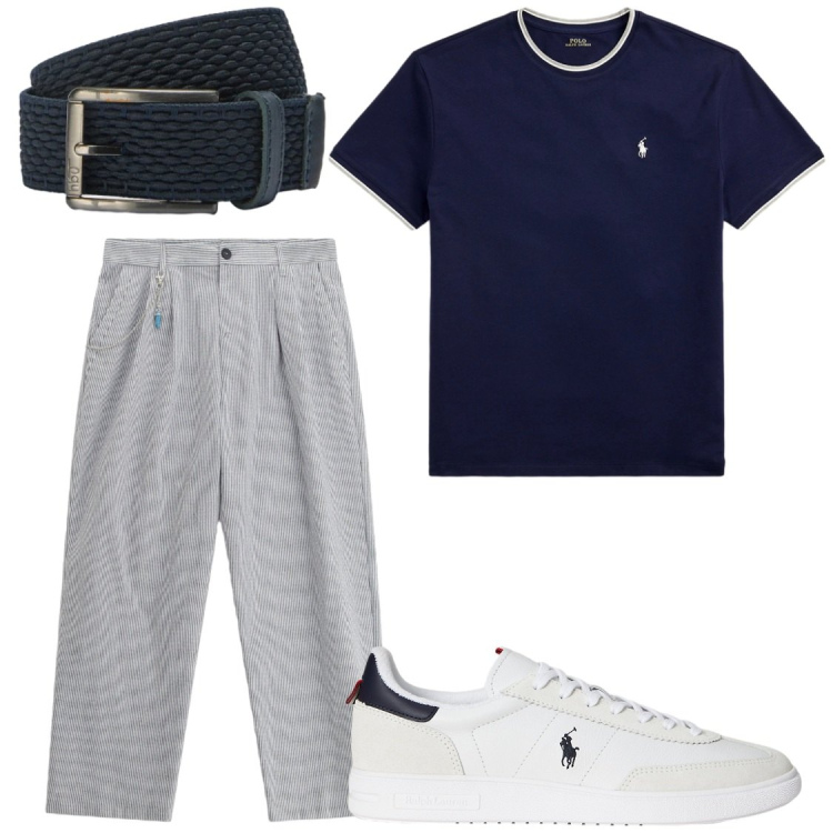 Outfit uomo - Serate estive. Stile Trendy per Serata speciale. Abbinamento con pantaloni, cinture, sneakers, t-shirt.