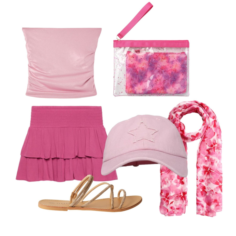 Outfit donna - Giugno. Stile Romantica per Tutti i giorni. Abbinamento con sandali, pochette, top, cappelli con visiera, foulard, minigonne.