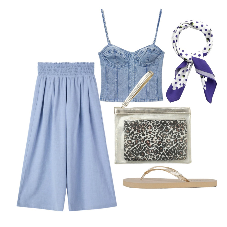 Outfit donna - Giugno. Stile Trendy per Tutti i giorni. Abbinamento con pantaloni, top, pochette, foulard, infradito.