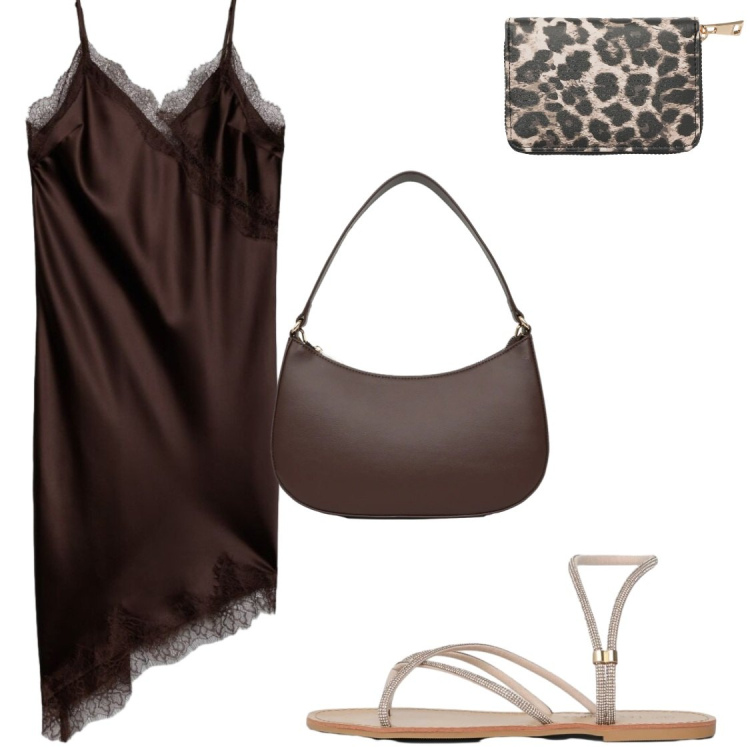 Outfit donna - Vestito in seta. Stile Glamour per Serata fuori. Abbinamento con portafogli, vestiti asimmetrici, sandali, borse a tracolla.