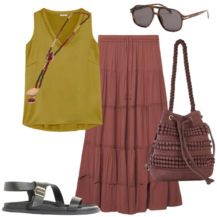 Outfit donna - Boho. Stile Boho per Mare. Abbinamento con borse a secchiello, sandali, gonne lunghe, top, collane, occhiali da sole.