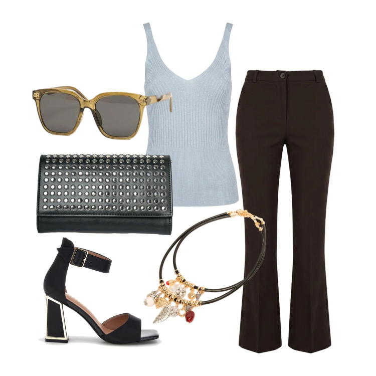 Outfit donna - Giugno. Stile Chic per Tutti i giorni. Abbinamento con occhiali da sole, canottiere, clutch, collane, pantaloni, sandali col tacco.