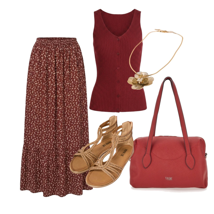 Outfit donna - Giugno. Stile Romantica per Tutti i giorni. Abbinamento con sandali in pelle, gonne lunghe, ciondoli, canottiere, borse a spalla.