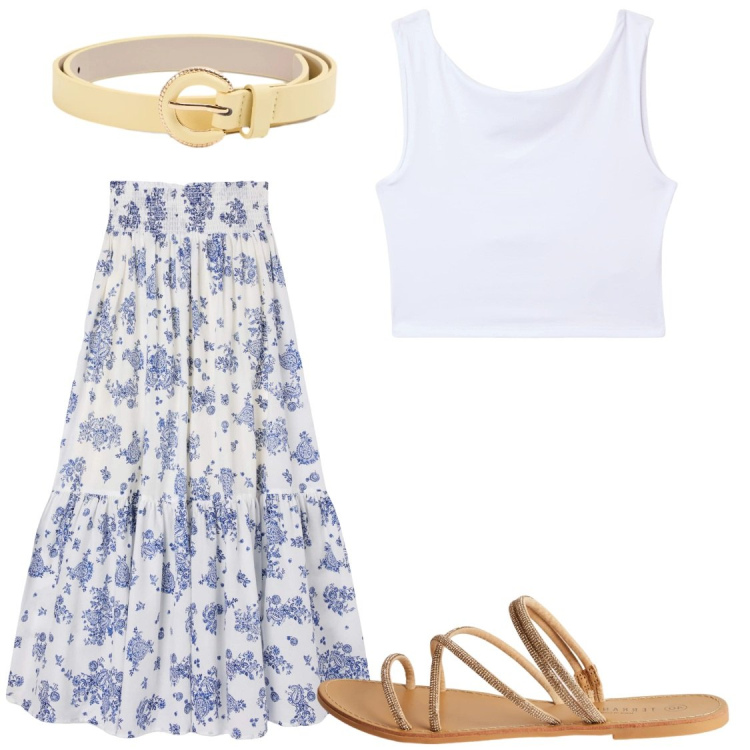 Outfit donna - Evviva l\'estate. Stile Chic per Tutti i giorni. Abbinamento con top, cinture, gonne lunghe, sandali.