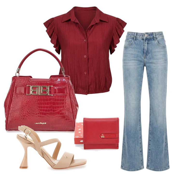 Outfit donna - Giugno. Stile Romantica per Tutti i giorni. Abbinamento con camicie a manica corta, jeans a zampa, sandali col tacco, borse a mano, portafogli.