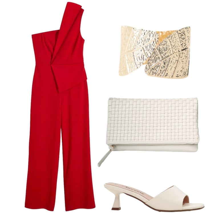 Outfit donna - Tuta rossa. Stile Chic per Serata fuori. Abbinamento con tute, sandali, braccialetti, clutch.