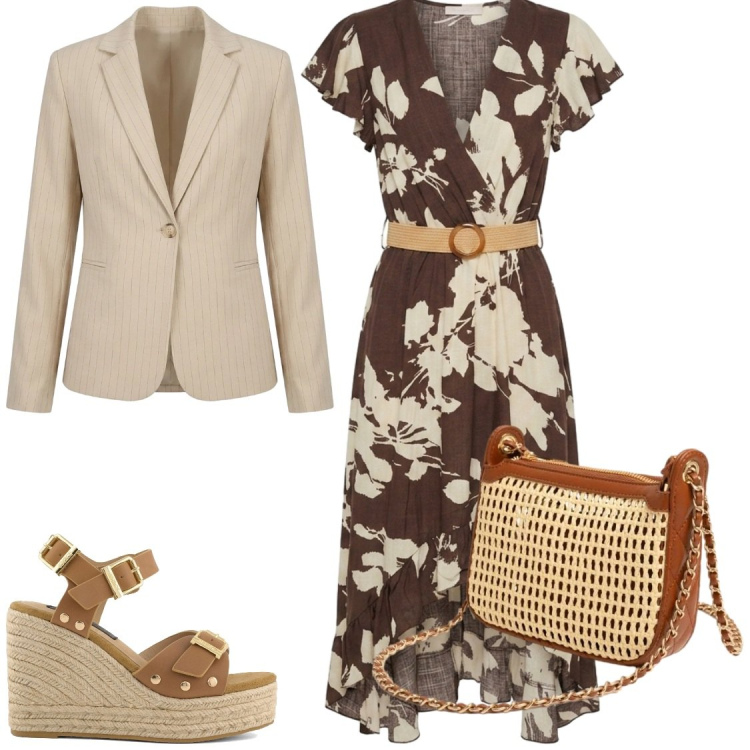 Outfit donna - Cambio look, senza giacca la zeppa. Stile Chic per Serata fuori. Abbinamento con vestiti chemisier, borse a spalla, blazer, zeppe.