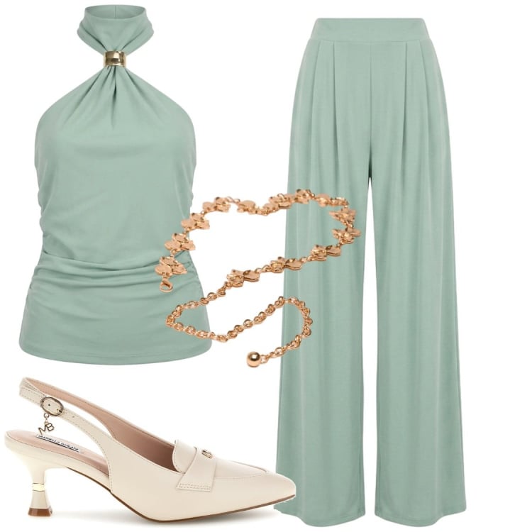 Outfit donna - Con la cintura gioiello. Stile Glamour per Serata fuori. Abbinamento con top, pantaloni a palazzo, cinture, décolleté.
