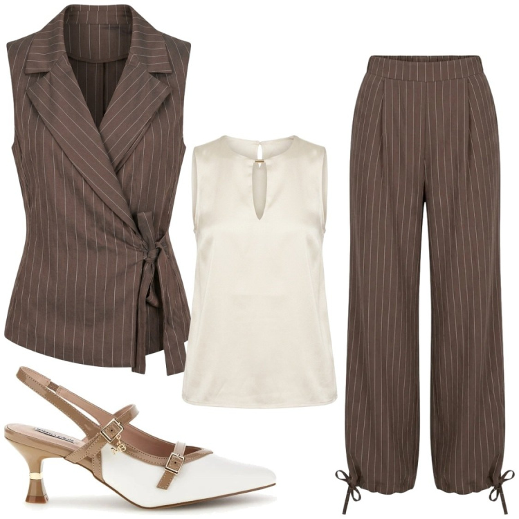 Outfit donna - Completi estivi. Stile Chic per Ufficio. Abbinamento con pantaloni a palazzo, gilet, top, décolleté.