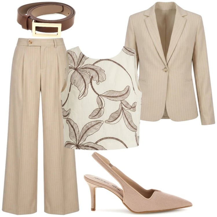 Outfit donna - Ufficio o eventi. Stile Chic per Serata fuori. Abbinamento con blazer, pantaloni a palazzo, top, cinture, décolleté.