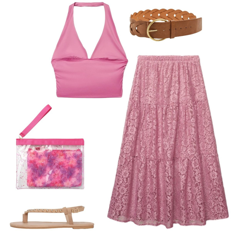 Outfit donna - Total look #2420096. Stile Boho per Tutti i giorni. Abbinamento con gonne lunghe, pochette, cinture, ciabatte, top.