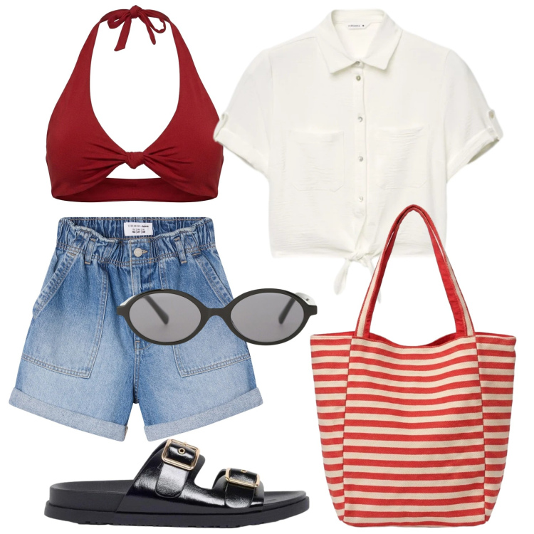 Outfit donna - Beach Edition. Stile Casual per Mare. Abbinamento con sandali, shorts, camicie a manica corta, occhiali da sole, borse tote, bikini.