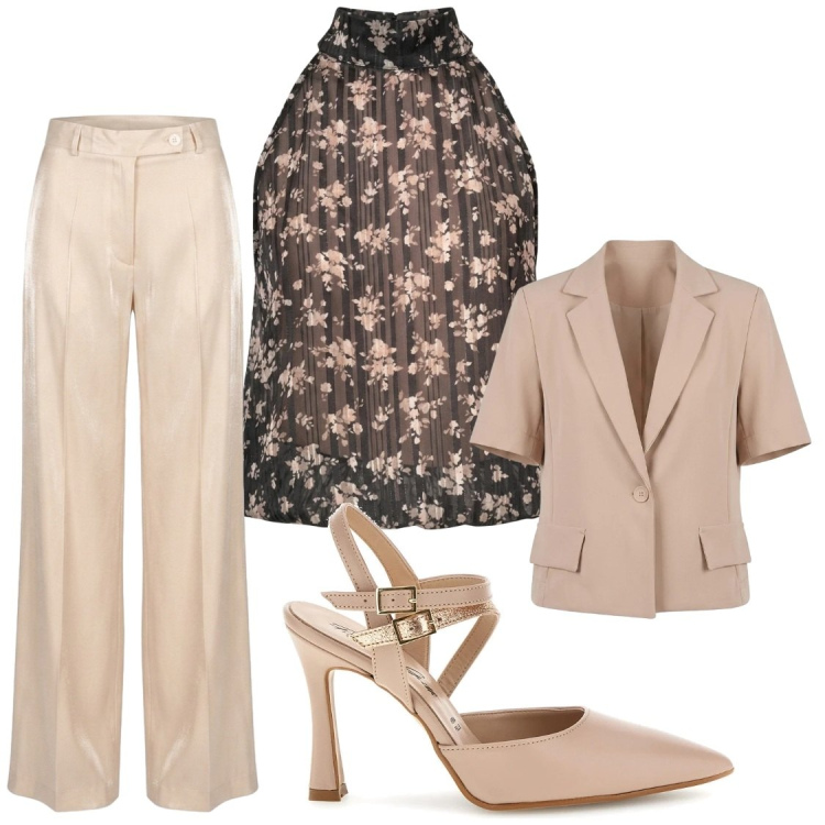 Outfit donna - Nunalie per tutte le occasioni. Stile Chic per Ufficio. Abbinamento con blazer, top, pantaloni a palazzo, décolleté.