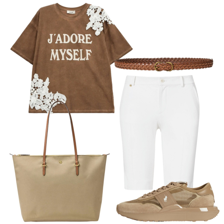 Outfit donna - Total look #2420101. Stile Casual per Tutti i giorni. look ideale per Tall. Abbinamento con pantaloni corti, sneakers, borse tote, cinture, t-shirt.