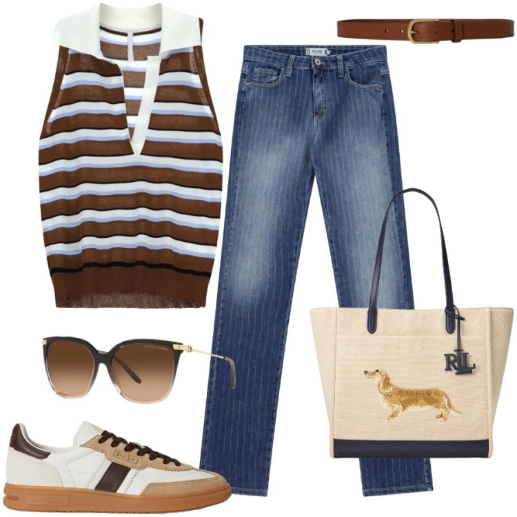 Outfit donna - Estate in città. Stile Chic per Tutti i giorni. Abbinamento con top, jeans, borse tote, cinture, sneakers, occhiali da sole.