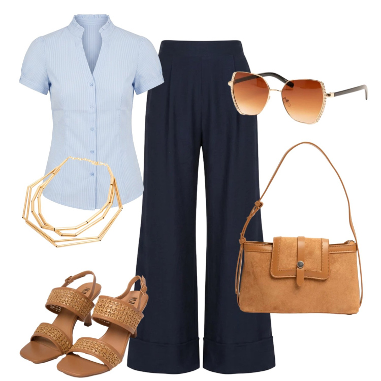 Outfit donna - Ufficio estivo NunaLie. Stile Glamour per Ufficio. Abbinamento con camicie a manica corta, pantaloni a palazzo, sandali in pelle, borse a tracolla, collane, occhiali da sole.