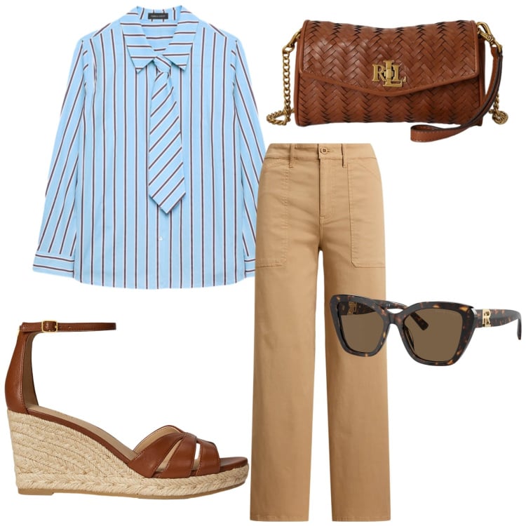 Outfit donna - Total look #2420105. Stile Chic per Ufficio. Abbinamento con camicie, occhiali da sole, pantaloni, zeppe, portafogli.