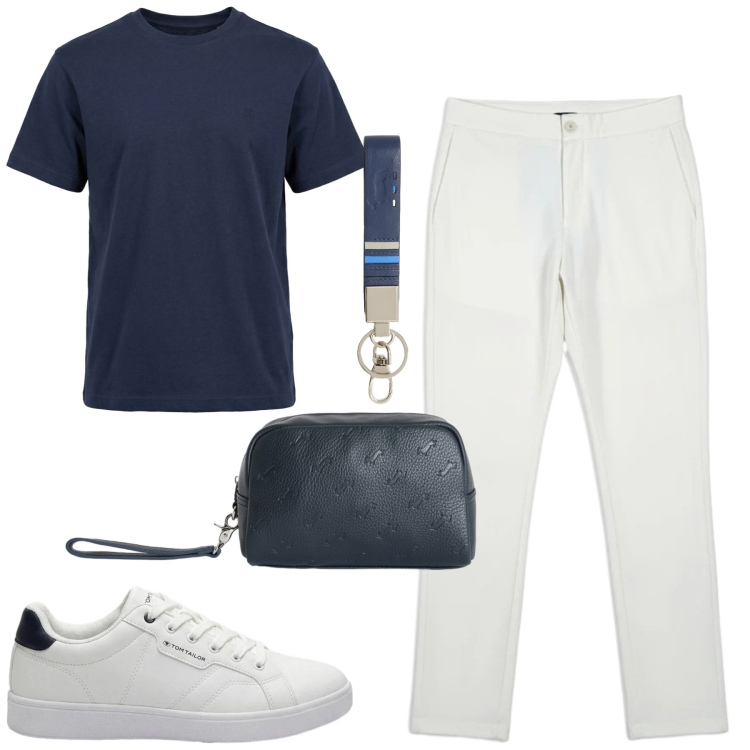 Outfit uomo - City. Stile Casual per Tutti i giorni. Abbinamento con sneakers, portachiavi, borse sportive, t-shirt, pantaloni.