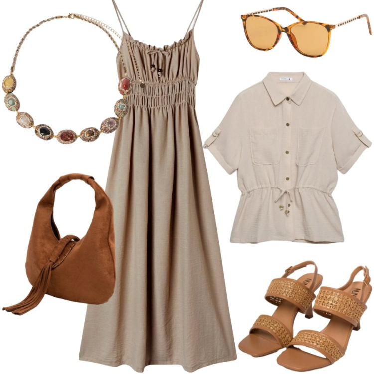 Outfit donna - Color sabbia. Stile Casual chic per Tutti i giorni. Abbinamento con vestiti lunghi, camicie a manica corta, collane, sandali in pelle, occhiali da sole, borse a spalla.