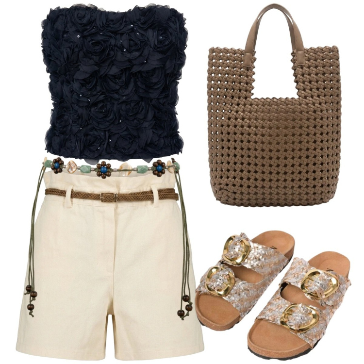 Outfit donna - Completo raffinato. Stile Sporty chic per Tutti i giorni. Abbinamento con ciabatte, top, shorts, cinture, borse tote.