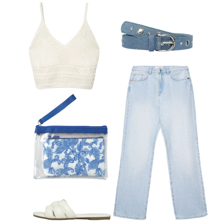 Outfit donna - Total look #2420118. Stile Boho per Tutti i giorni. Abbinamento con cinture, jeans dritti, top, pochette, ciabatte.