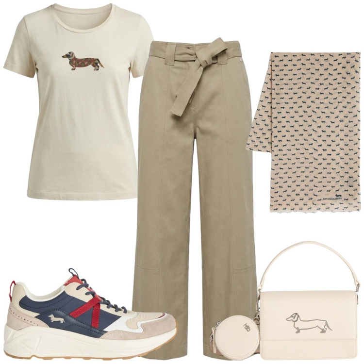 Outfit donna - Casual chic. Stile Casual chic per Tutti i giorni. Abbinamento con sneakers, t-shirt, borse a tracolla, pantaloni, sciarpe.