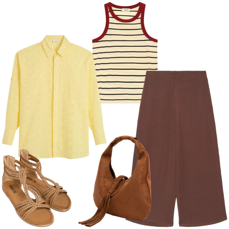 Outfit donna - Total look #2420120. Stile Casual chic per Tutti i giorni. Abbinamento con camicie, pantaloni a palazzo, top, sandali in pelle, borse a spalla.