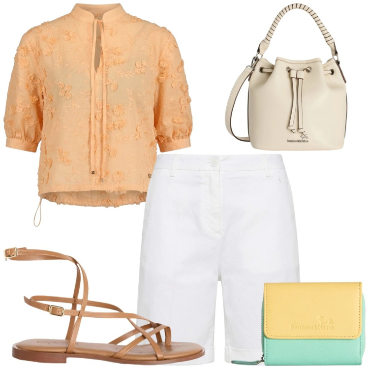 Outfit donna - Summer color. Stile Casual chic per Tutti i giorni. Abbinamento con portafogli, sandali in pelle, bluse, bermuda, borse a secchiello.