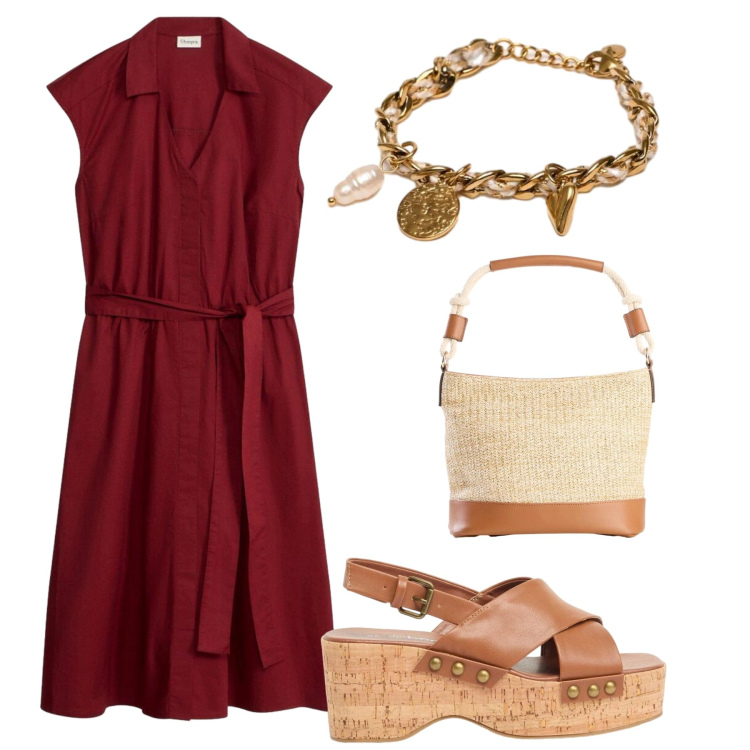 Outfit donna - Total look #2420126. Stile Basic per Ufficio. Abbinamento con vestiti, zeppe, borse a secchiello, braccialetti.